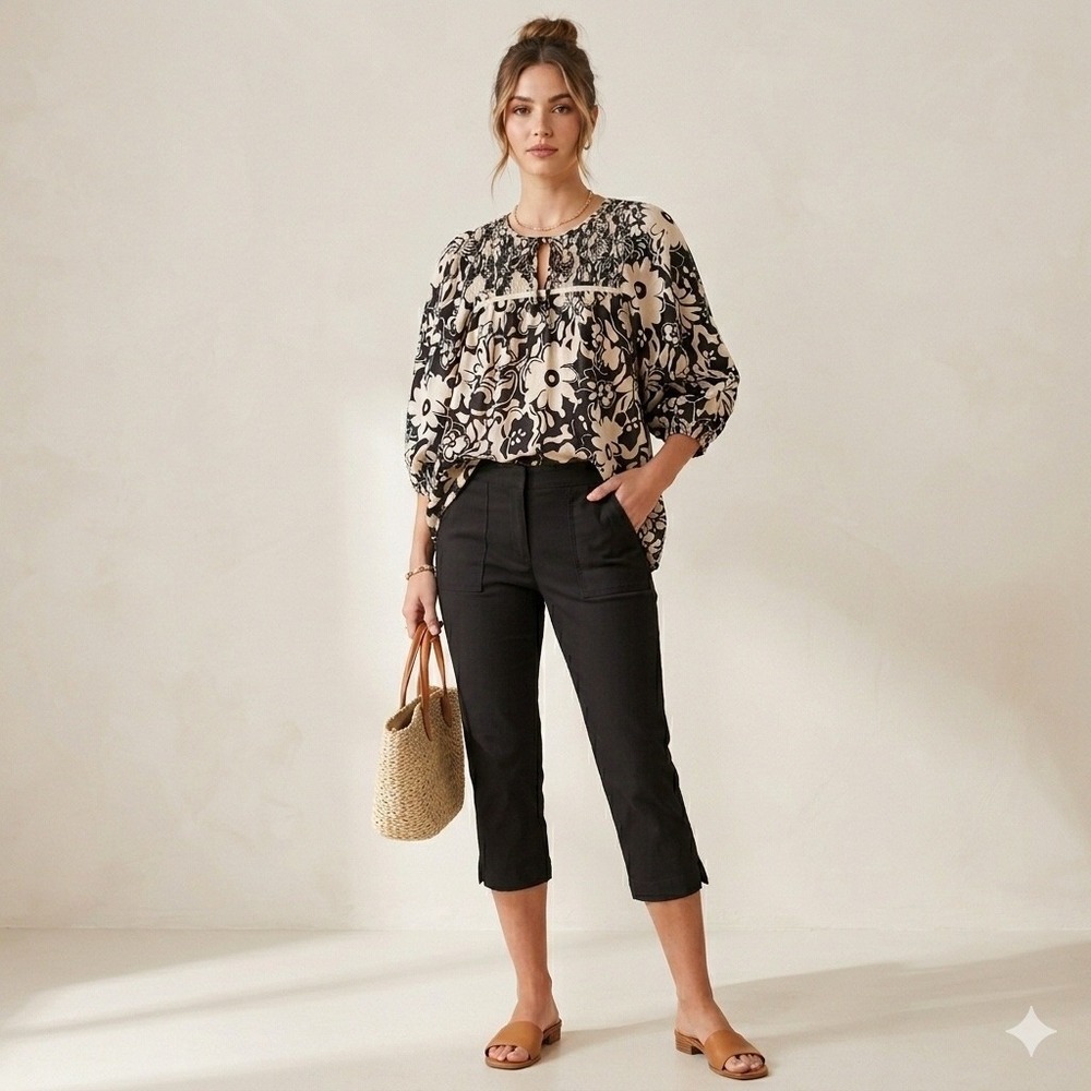Umgee Womens Floral Smocked‎ Keyhole Boho Blouse Black Beige  Small